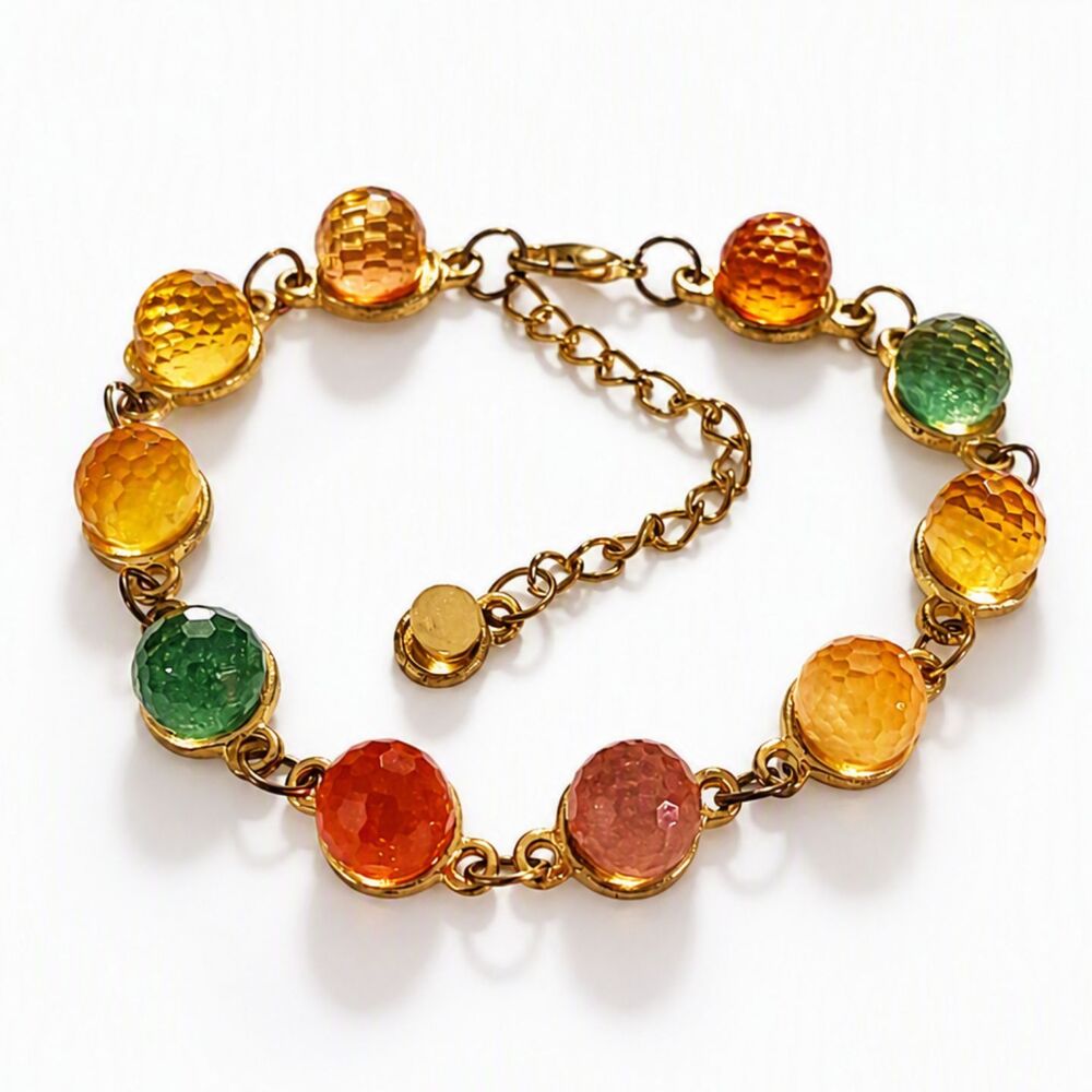 Vtg Style Gold Tone Metal Multicolor Faceted Glass Glitter Balls Bracelet 9"